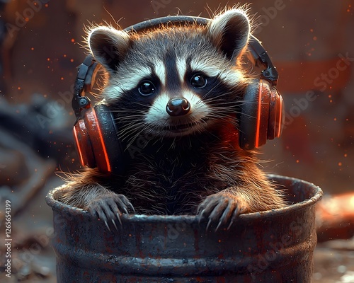 Playful Raccoon Wearing Vibrant Oversized Headphones in Trash Can with Glowing Accents photo