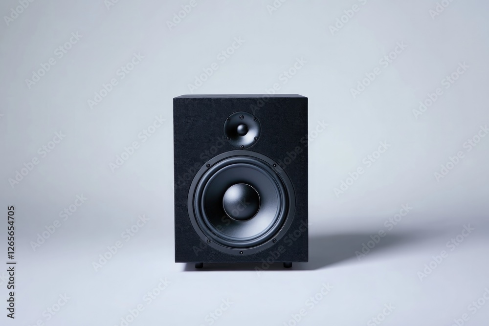 glossy pair of studio monitor speakers placed symmetrically on plain white background with soft lighting and wide copy glossy pair of studio monitor speakers placed symmetrically on plain white background with soft lighting and wide copy