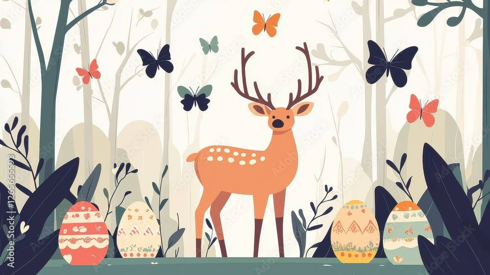 Naklejka premium A whimsical forest scene featuring a deer surrounded by colorful butterflies and decorated eggs, evoking a sense of spring and nature's beauty.