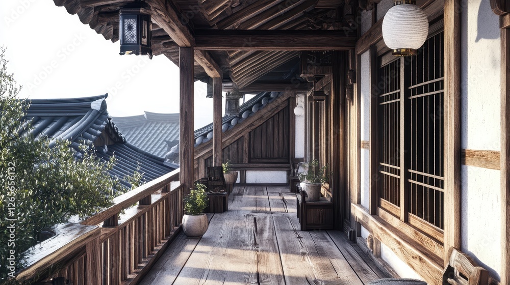 Obraz premium Tranquil traditional korean house veranda with view of rooftops