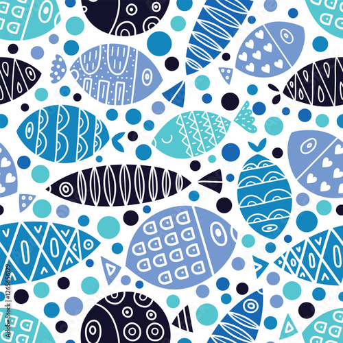 Seamless pattern of line ornamental fish.Vector.  Kids  background. Can be used in textile industry, paper, background, scrapbooking.
