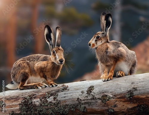 dos liebres de monte macho y hembra en el suelo, mirando el camino de un bosque frondoso en otoñodos liebres de monte macho y hembra en el suelo, mirando el camino de un bosque frondoso en otoño photo