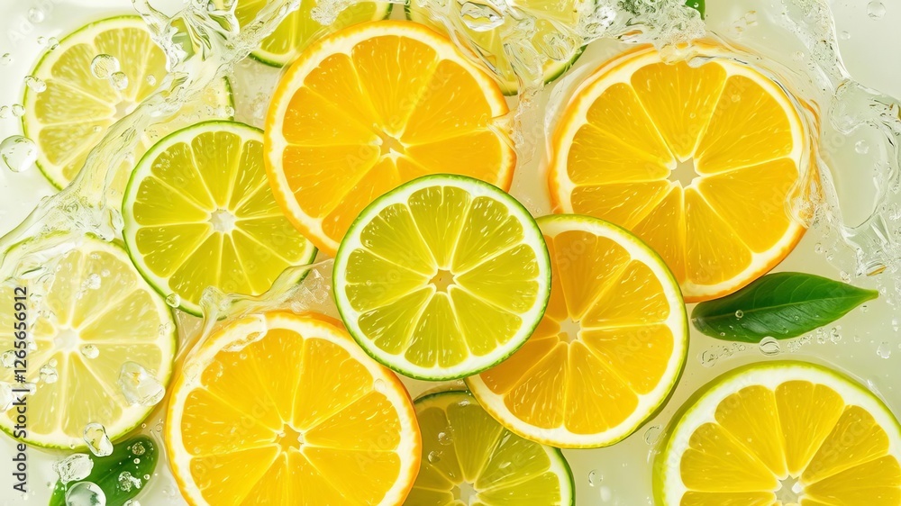 Fresh slices of oranges and limes creating beautiful splashes in water, summer, natural, vitamin C