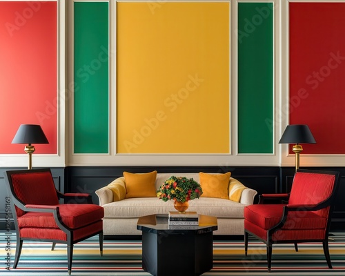 Art Decoinspired twostory living room with rich colors, bold patterns, and elegant 1920sstyle furniture photo