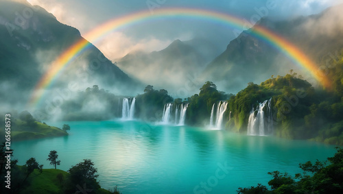Majestic Turquoise Lake with Cascading Waterfalls and a Vibrant Rainbow Amidst Lush Green Mountains in Golden Sunlight