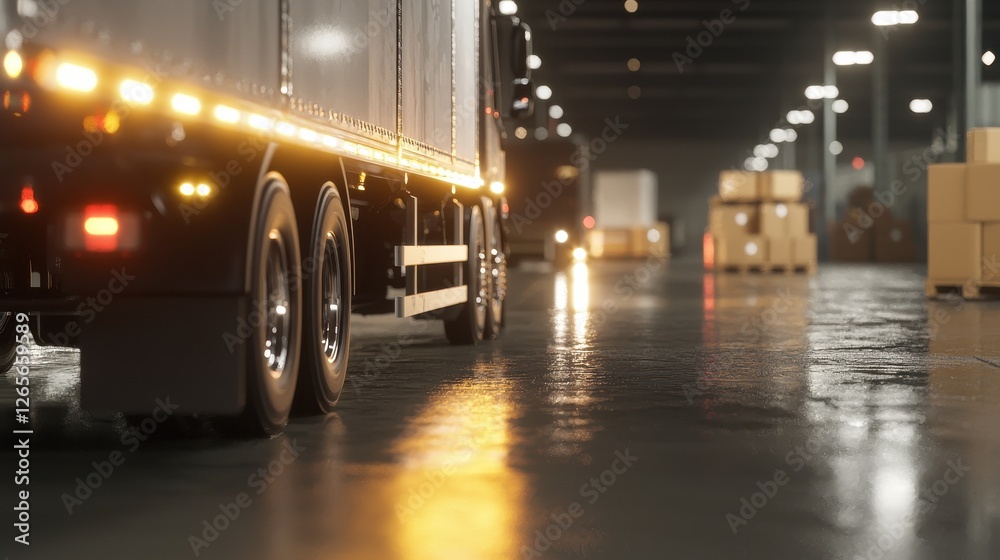 A close-up view of a truck in a warehouse, showcasing reflective floors, cargo boxes, and illuminated surroundings. A close-up view of a truck in a warehouse, showcasing reflective floors, cargo boxes, and illuminated surroundings.