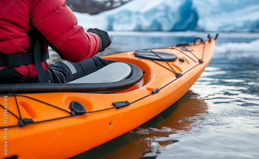 Obraz premium A close-up of a bright orange kayak floating near icy glaciers with a person dressed in winter gear paddling. 