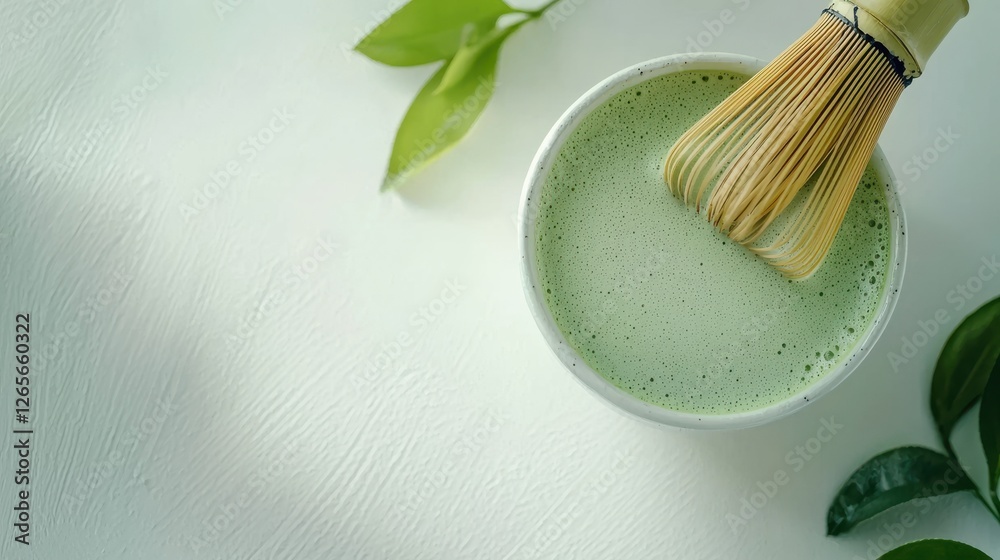 A serene green matcha tea bowl with a bamboo whisk, surrounded by fresh leaves, conveying a sense of tranquility and wellness. A serene green matcha tea bowl with a bamboo whisk, surrounded by fresh leaves, conveying a sense of tranquility and wellness.