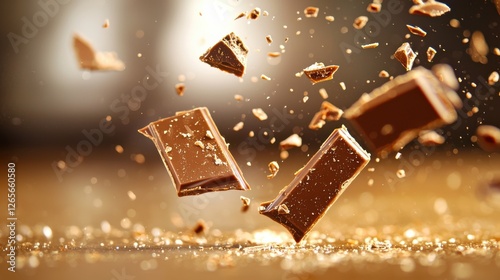 A dynamic image of chocolate pieces exploding with crumbs, highlighting the rich texture and delicious appeal of chocolate.
