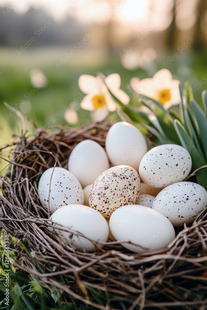chicks in the nest, grass with tulips and daffodils. AI generative. chicks in the nest, grass with tulips and daffodils. AI generative.