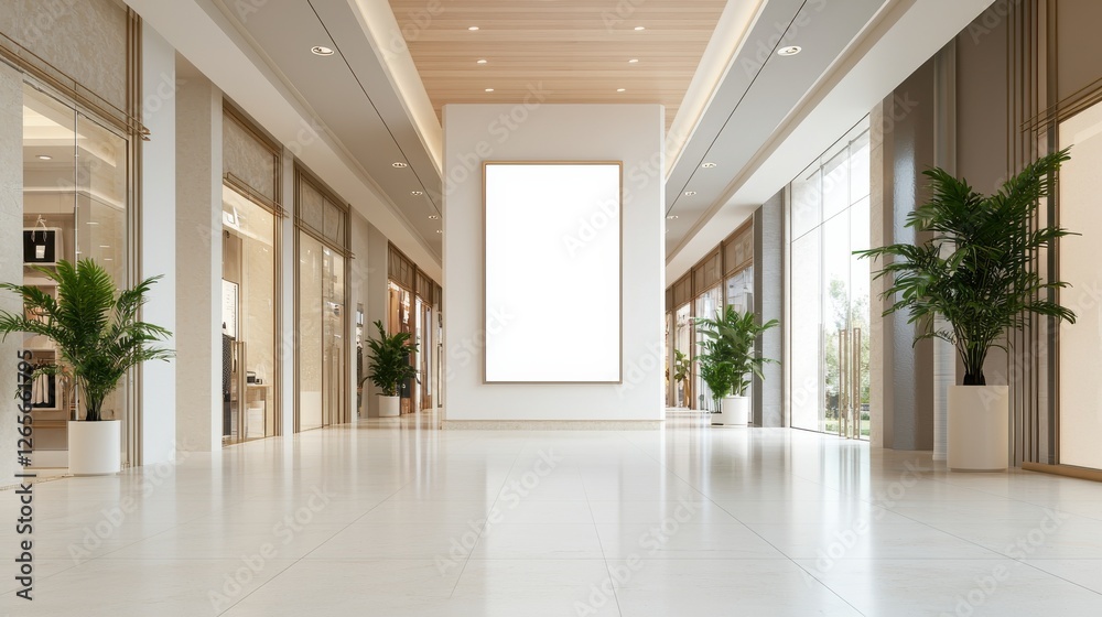 Fototapeta premium A modern, spacious hallway features large windows, elegant plants, and a blank frame ready for artwork, combining minimalism with natural light.