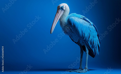 A surreal blue stork with long legs and a large beak standing elegantly against a deep blue background.