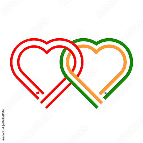 heart shaped ribbon of canada and india flags intertwined. vector illustration isolated on white background