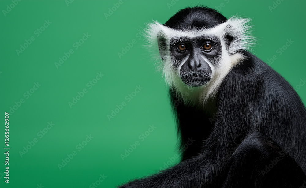 A black-and-white colobus monkey sitting on a green background, staring directly with an expressive face. A black-and-white colobus monkey sitting on a green background, staring directly with an expressive face.