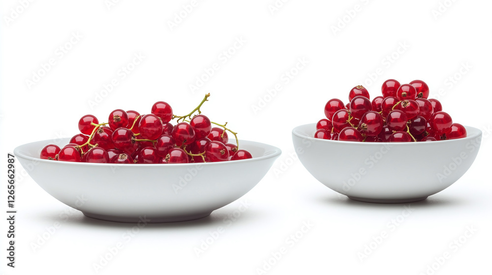 Set of red currants in a white bowl, side and top view, isolated on a white background. Set of red currants in a white bowl, side and top view, isolated on a white background.