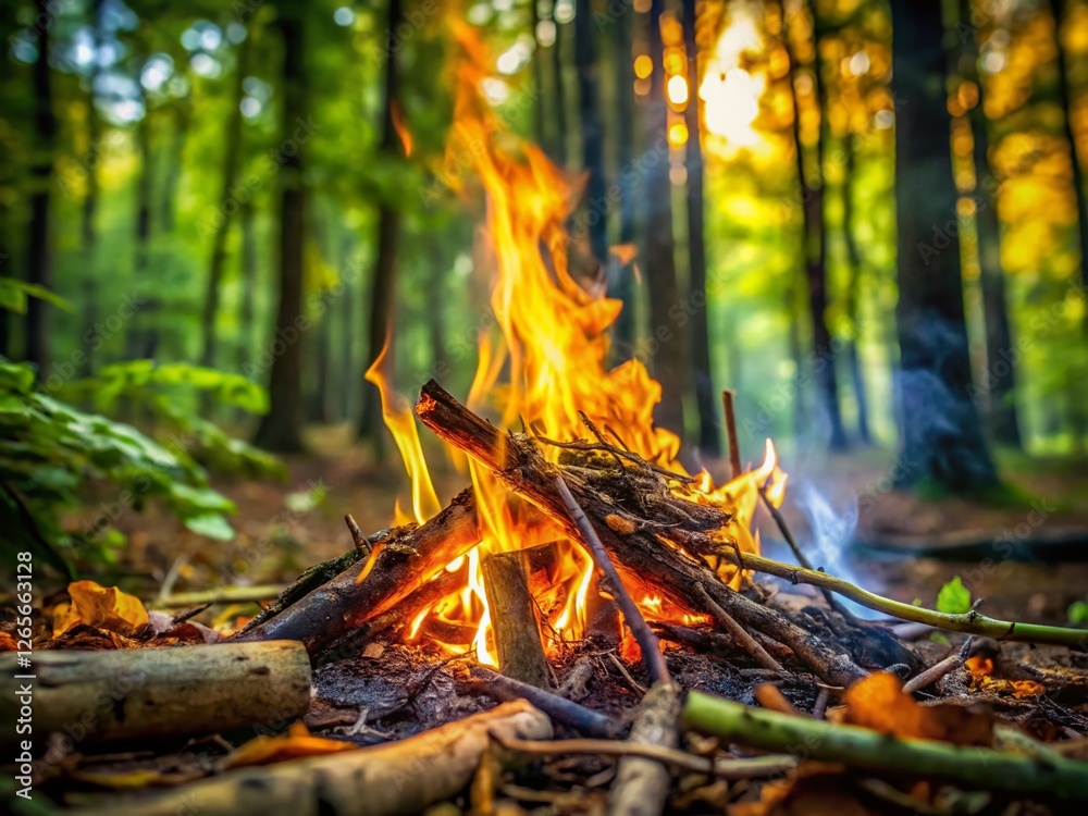 Cozy Campfire in Lush Forest: Flames, Smoke, and Dry Leaves Cozy Campfire in Lush Forest: Flames, Smoke, and Dry Leaves