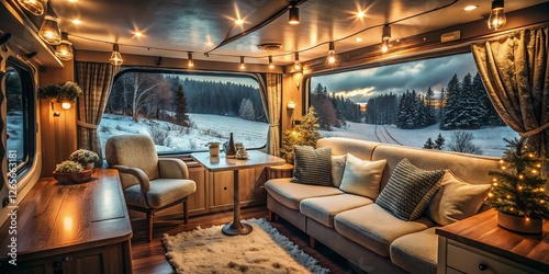 Cozy Camper Winter Wonderland:  Warm Interior Contrasts Snowy Landscape