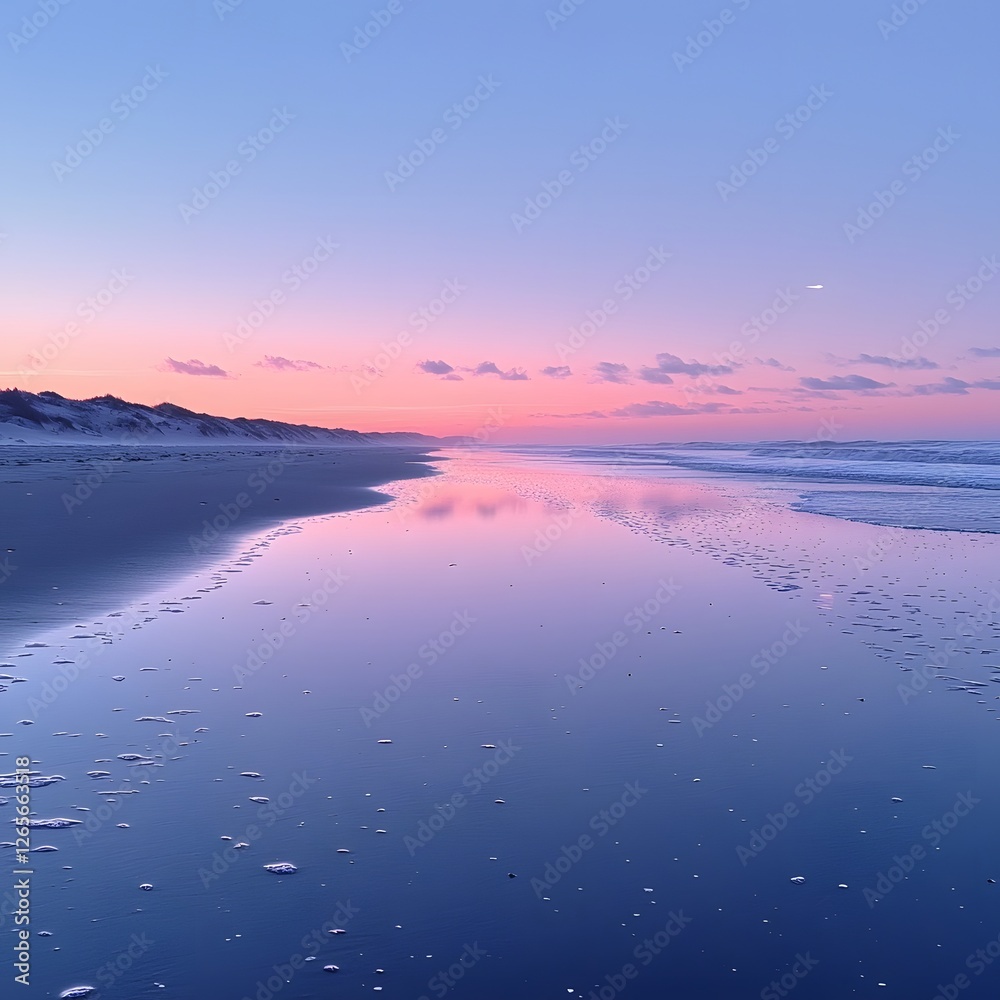 Fototapeta premium Tranquil Pastel Sunset Reflecting on Glassy Ocean Seascape with Serene Coastal Horizon