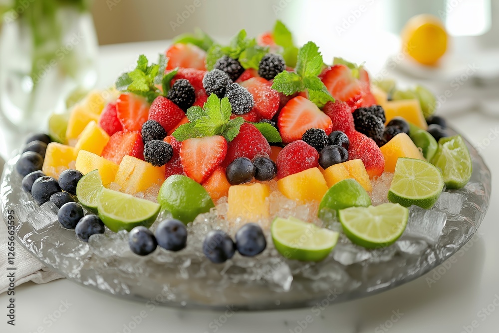 Colorful fruit display featuring ice cubes with mint and vibrant fruits, perfect for sugar-free diet drinks. Concept includes fruit ice cubes with mint for refreshing beverages