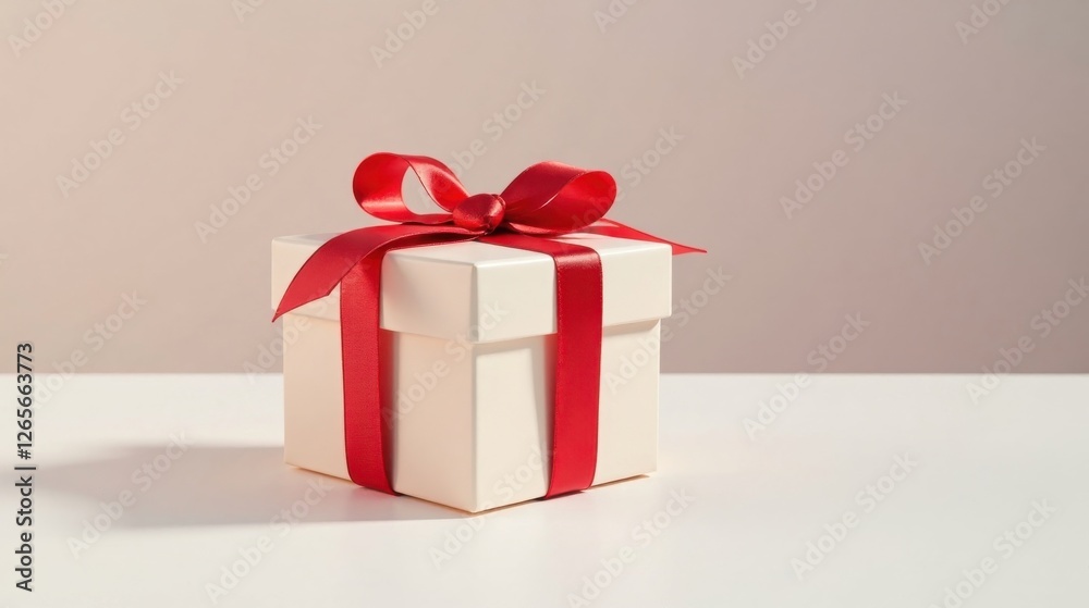 Obraz premium A pristine white gift box adorned with a vibrant red ribbon, a symbol of thoughtful presentation and joyous celebration