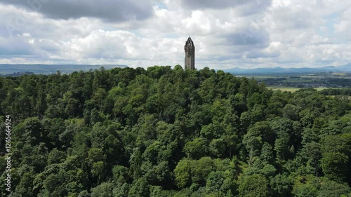 Aerial views of the National Wallace Monument Stirling, Scotland.