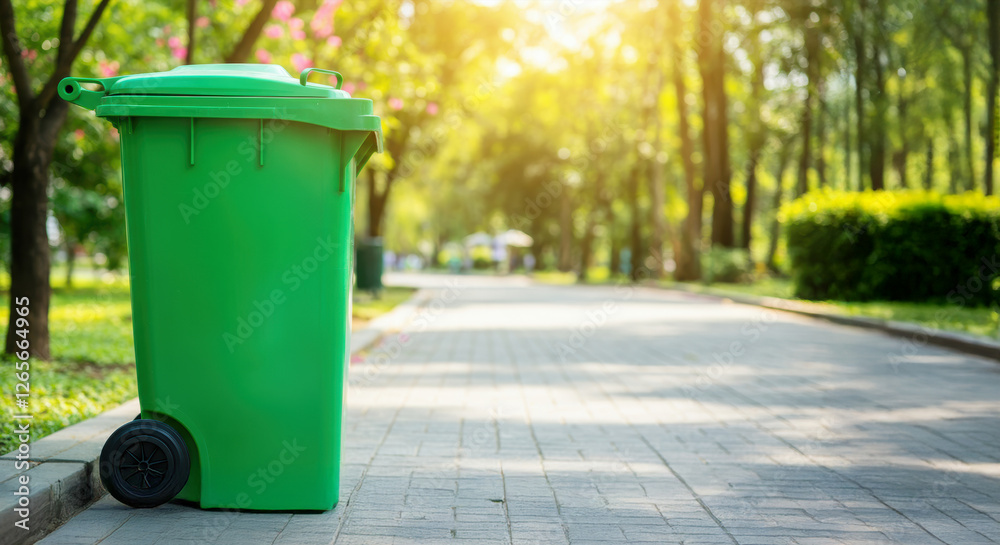 Bright green waste bin placed on a sunny path in a lush park filled with greenery during daytime