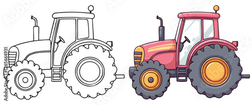 Tractor isolated on white background Line Art Vector Outline Illustration Black and White with Coloring Sample