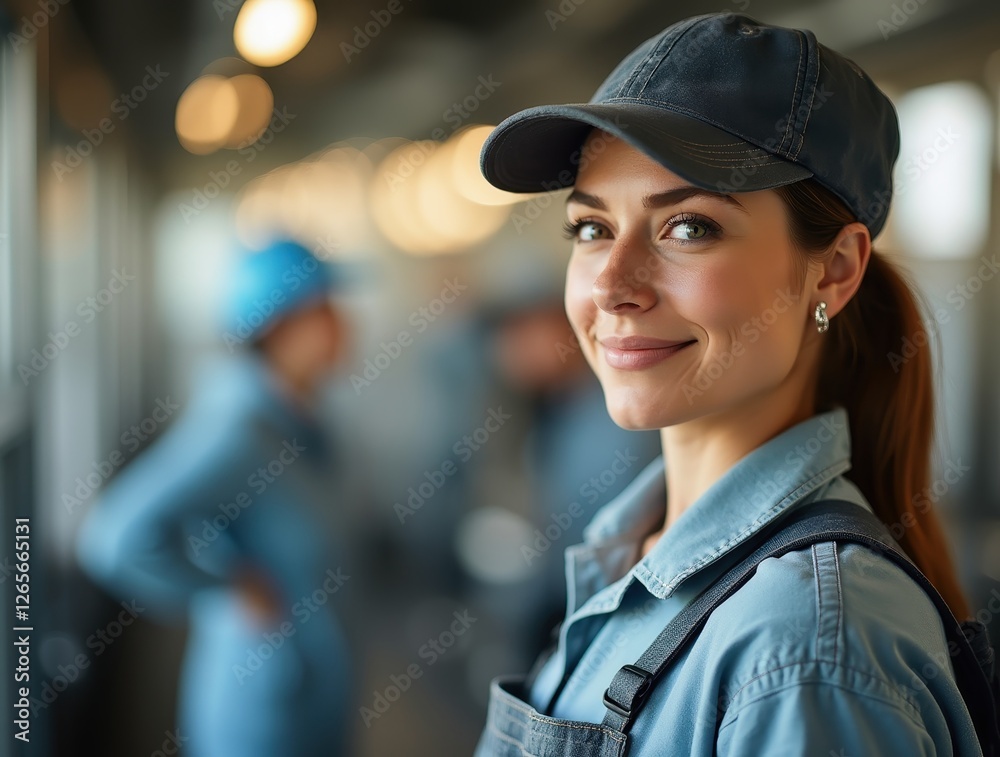 Female plumber smiling and wearing overalls and a cap in a workshop Female plumber smiling and wearing overalls and a cap in a workshop
