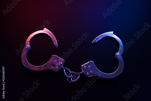 Open Handcuffs Under Neon Police Lights