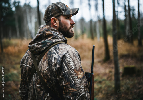 Man in camouflage clothing stands in a forest holding a hunting rifle while observing the surroundings during the autumn season