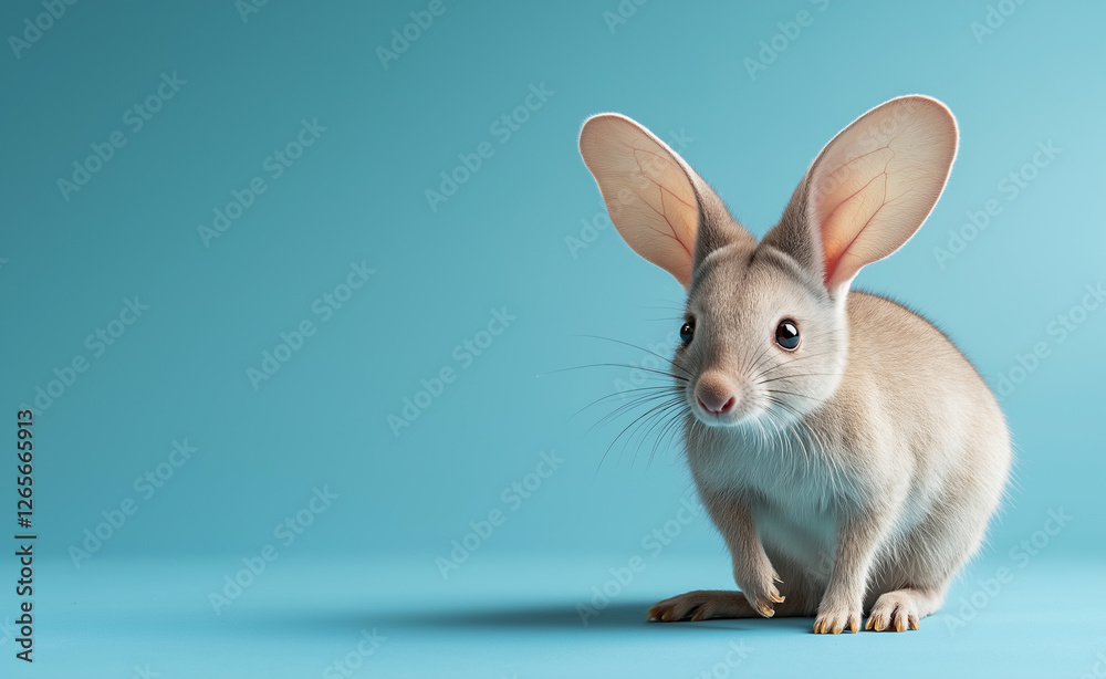 Obraz premium A tiny, adorable white mouse with large ears and delicate whiskers sitting against a bright turquoise background, looking curious.
