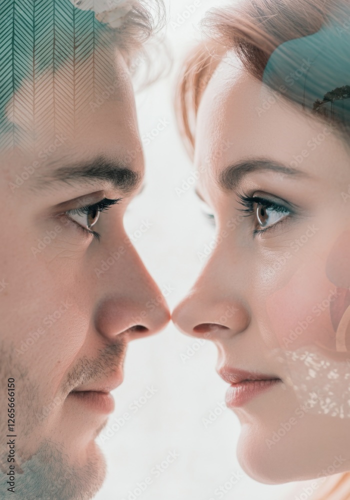 Close-up portrait of young caucasian male and female facing each other Close-up portrait of young caucasian male and female facing each other