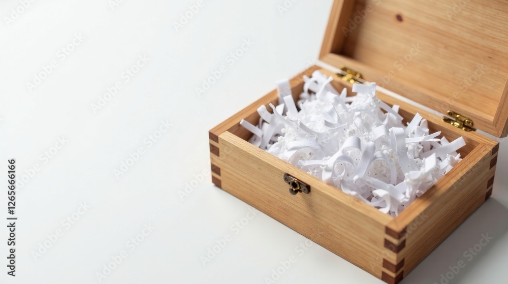 Fototapeta premium A Light Wooden Box Filled with Shredded White Paper, a Symbol of Confidentiality and Security