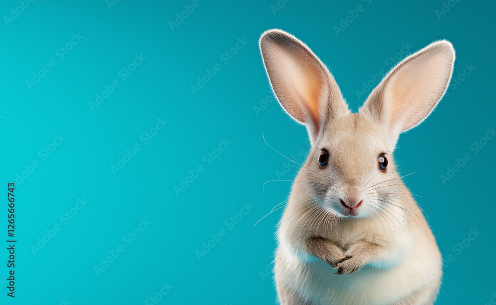 Obraz premium A curious beige rabbit standing upright with folded paws against a bright turquoise background, looking adorable and attentive. 