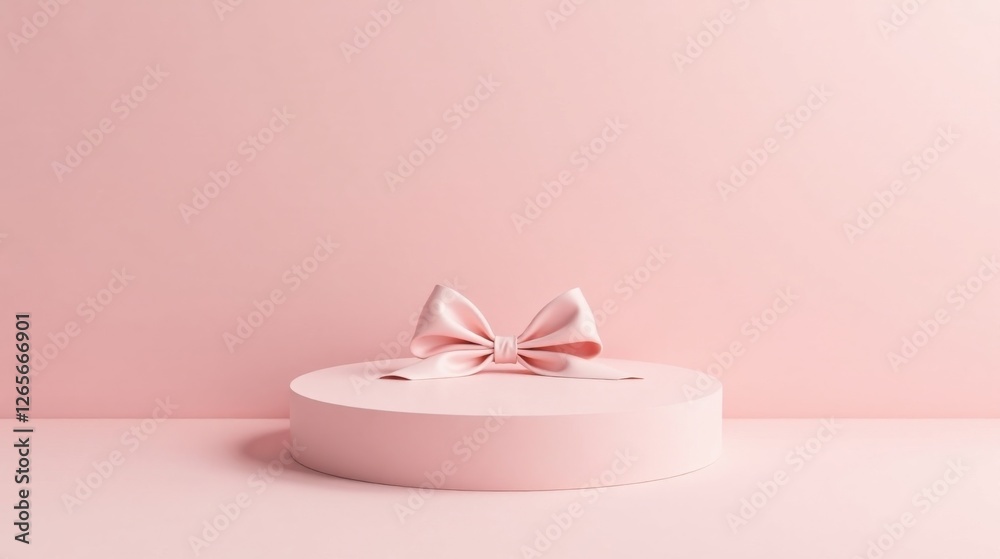 A Delicate Pink Bow Adorning a Cylindrical Pedestal Against a Soft Pink Background A Delicate Pink Bow Adorning a Cylindrical Pedestal Against a Soft Pink Background