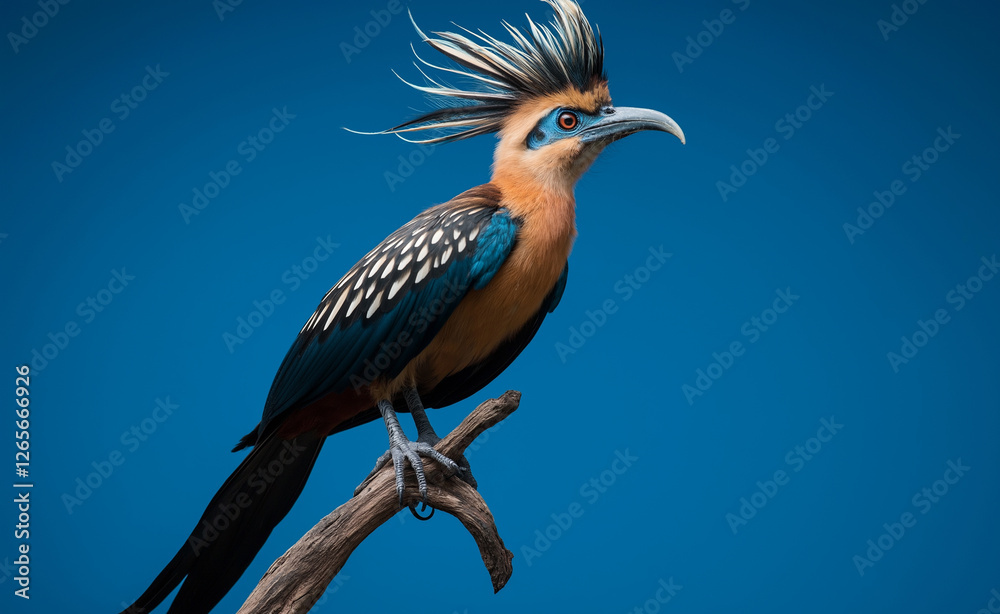 Fototapeta premium A striking exotic bird with vibrant blue feathers and an elaborate spiky crest perched gracefully against a deep blue background.