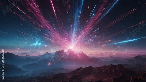 Futuristic 3D scene with radiant pink and blue light beams shooting across the space, blending with meteor-like glowing particles 
