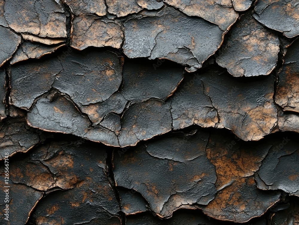 Textured surface of cracked, charred material with dark and rusty tones.