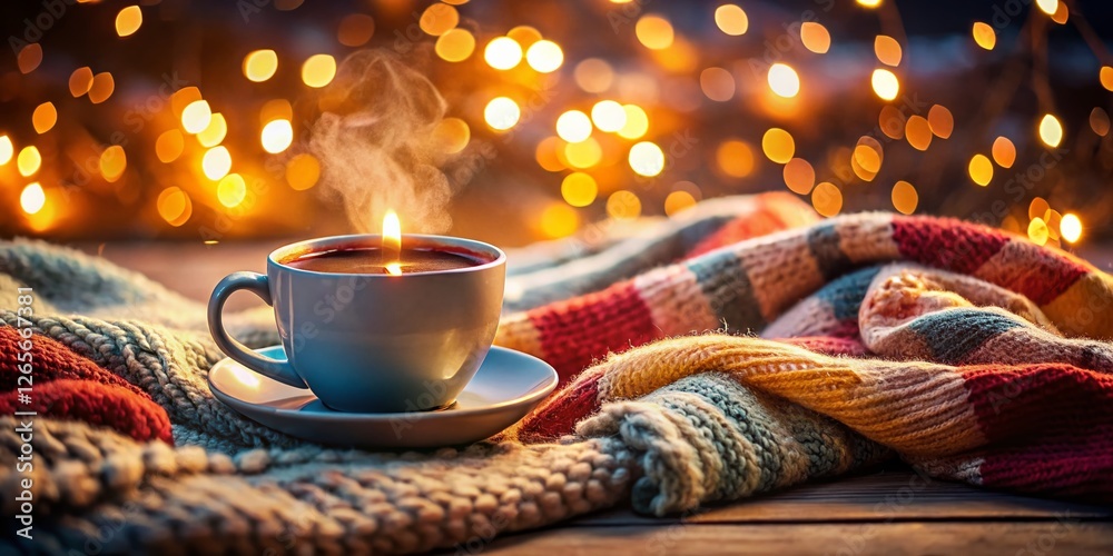 Cozy Winter Coffee Break: Warm Mug, Soft Blanket, Bokeh Lights Cozy Winter Coffee Break: Warm Mug, Soft Blanket, Bokeh Lights