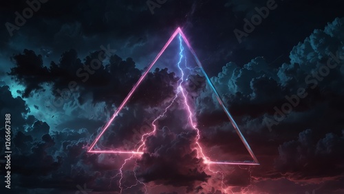 Futuristic abstract scene with a vibrant neon triangular frame emitting blue and pink light, hovering above dark stormy clouds
