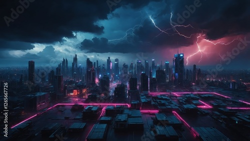 Futuristic background featuring a stormy night sky, vibrant neon geometric shapes floating in the dark clouds