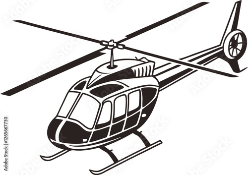 Black Flying Helicopter Silhouette on White Background, Flying Helicopter Vector, Flying Helicopter Icon