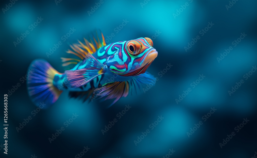 A stunning multicolored tropical fish with intricate blue, yellow, and pink markings swimming in a deep blue ocean. A stunning multicolored tropical fish with intricate blue, yellow, and pink markings swimming in a deep blue ocean.