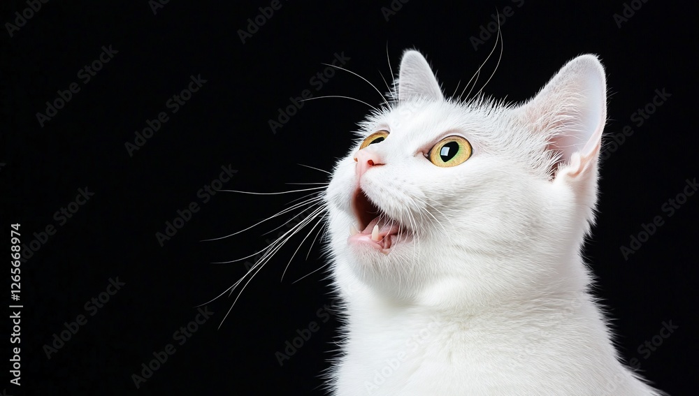 White cat looking upward with mouth open, on black backdrop, possibly meowing White cat looking upward with mouth open, on black backdrop, possibly meowing