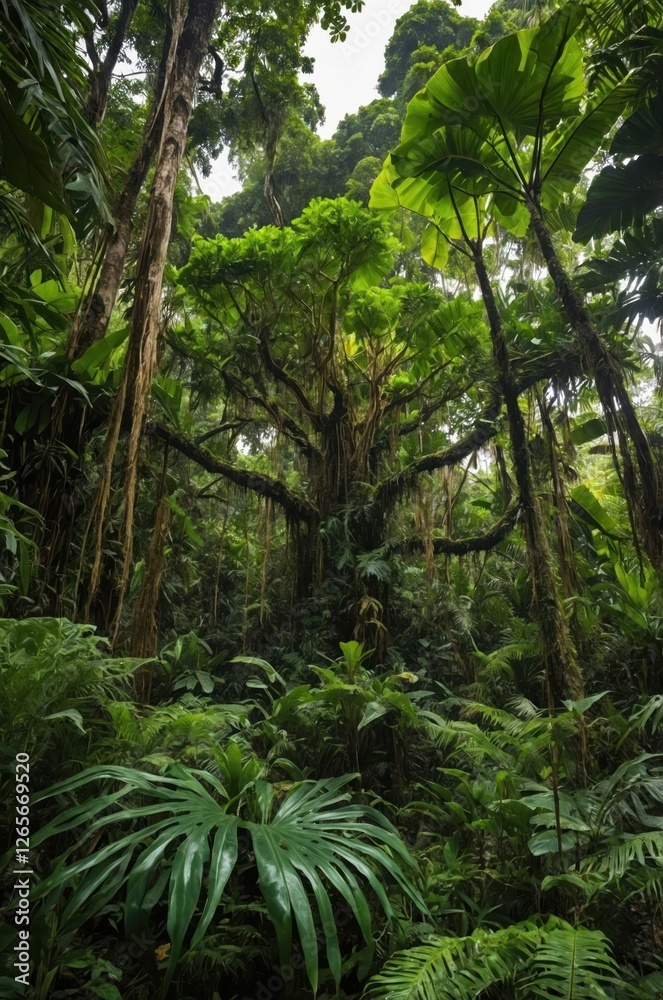Lush rainforest with towering trees and dense foliage creating a vibrant ecosystem. Lush rainforest with towering trees and dense foliage creating a vibrant ecosystem.