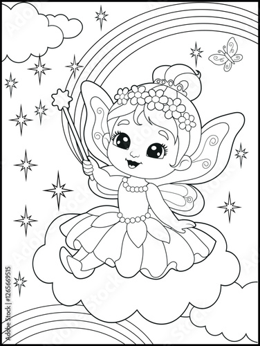 Black and white fairy coloring pages for kids. Children's coloring books with cute cartoon fairy characters, fun and educational materials for kindergarten.
