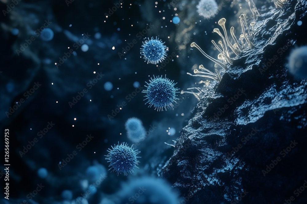 Obraz premium Futuristic representation of floating virus particles in a dark blue environment with dynamic details and rich textures. Generative AI