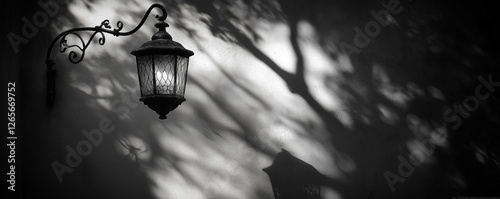 Vintage lantern with intricate shadows cast on wall in black and white