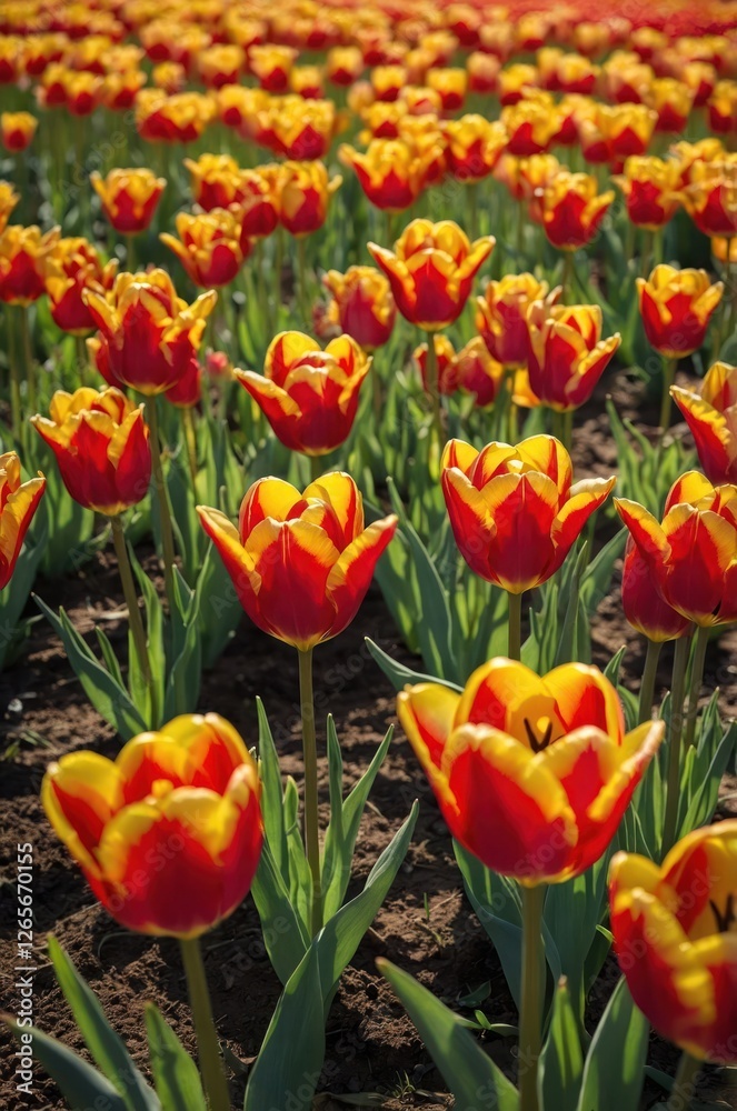 A vibrant field of red and yellow tulips in full bloom, showcasing natural beauty. A vibrant field of red and yellow tulips in full bloom, showcasing natural beauty.
