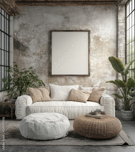 Frame mockup in living room loft, industrial style ,3d render, Generative AI